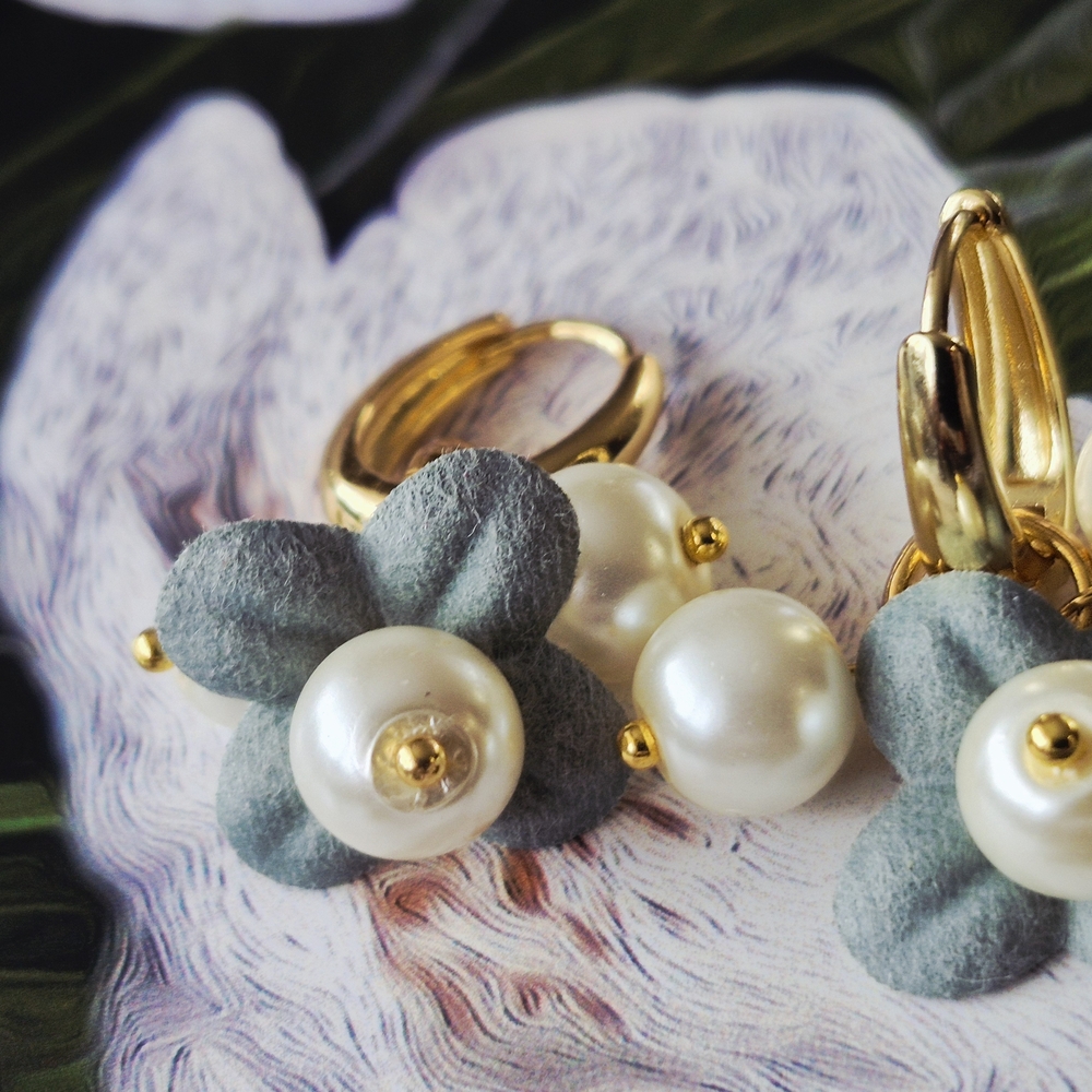 18k Gold Plated Oval Hool Pearl & Leather Flower Drop Earrings 2 In 1 - Picture 6 of 7